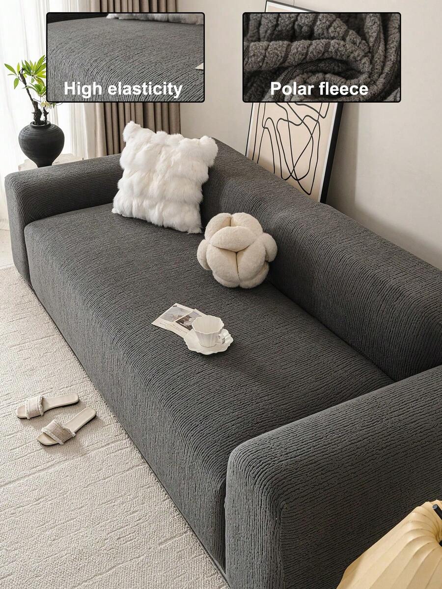 1pc 3D Textured Sofa Cover, Stretch Sofa Slipcover Multifunctional Full Coverage Sofa Protector, Solid Color Granular Pattern Design Suitable For Spring, Summer, Autumn And Winter, Protect Sofa And Decorate For Holidays, High Elasticity One-Piece Sofa Cover - Dark Grey - View 1