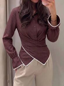 Women's Brown Striped Criss-Cross Design Long Sleeve Shirt - Brown - View 5