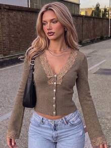 Women's Early Autumn Eyelash Lace V-Neck Single-Breasted Lace Patchwork Flared Cuff Slim Fit Mocha Brown Soft Layering Cardigan - Brown - View 3