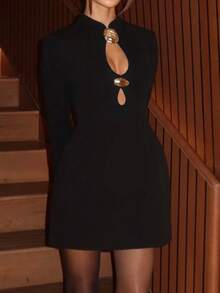 Women's Black Metal Decor Hollow Design Stand Collar Dress - Black - View 7