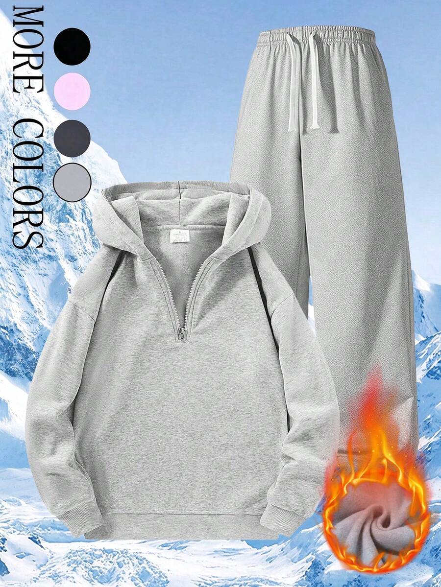 Men's 2 Pieces Half-Zip Hoodie And Wide-Leg Sweatpants Set, Loose Fit Casual Outfit For Daily Commute, Spring And Autumn - Light Grey - View 1
