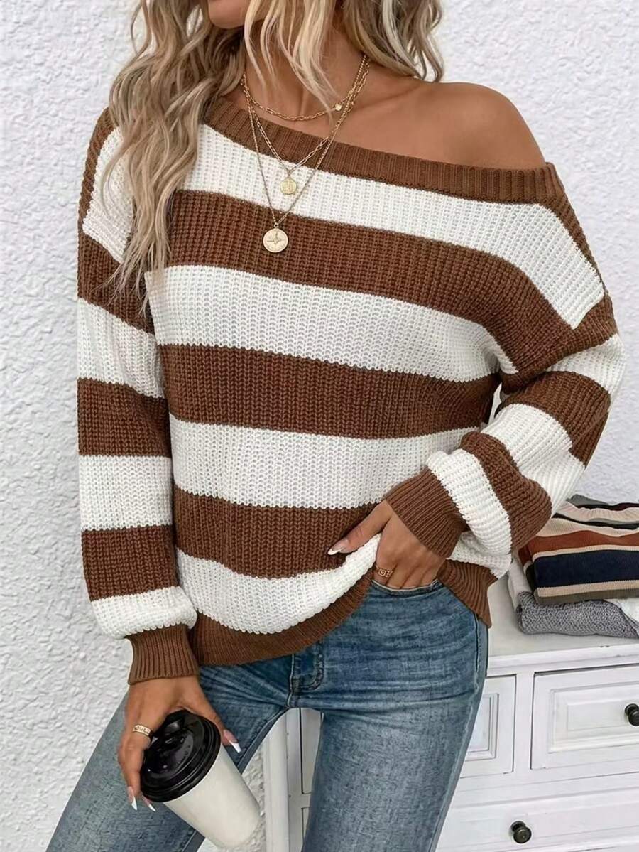 Plus Size Brown & White Striped Cold Shoulder Knit Sweater, Women's Casual Loose Long Sleeve Drop Shoulder Pullover, Autumn/Winter - Brown - View 1