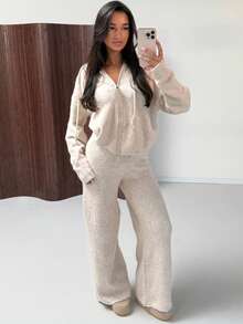 Women's Casual Comfortable Beige Wool Sweater Set, With Drawstring Double Zipper Hoodie And Wide Leg Pants, Essential For Home And Leisure In Autumn/Winter - Apricot - View 5