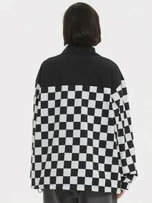 1pc Women's Outdoor Sports Style Retro Checkerboard Print Colorblock Zip-Up Jacket With Elastic Cuffs And Drawstring Hem - Black - View 6