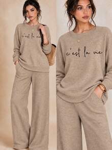 Minimalist Handwritten Letter Print Women's Autumn/Winter Two Pieces Set, Soft Faux-Knit Crew Neck Top & Wide Leg Pants Casual Outfit - Camel - View 2