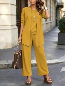 3pcs Women's Casual Solid Color Outfit Set: Jacket/Cardigan + Round Neck Sleeveless Top + Elastic Waist Straight Leg Pants Summer - Yellow - View 3