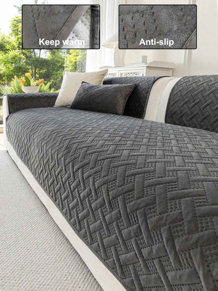 1pc Geometric 3D Solid Color Dutch Velvet Quilted Sofa Cushion, Minimalist Style, Non-Slip Back, Pet-Friendly, Soft Multi-Functional Anti-Dirt Anti-Dust, Holiday Decor Sofa Cushion, Backrest Cover Armrest Cover Universal, All-Season Sofa Cover - Dark Grey - View 1