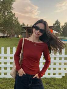 Women's Fitted Boat Neck Long Sleeve Knit Casual Elegant Base Layer T-Shirt Top - Vintage Red - View 6