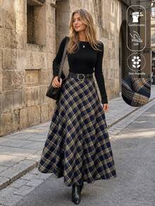 EARO Women's Vintage Plaid Skirt, Brown High Waist A-Line Wool Skirt With Belt, Elegant Commuter Outfit, Versatile Plaid Skirt, British Style Skirt, Design Belt Skirt, Casual Style Suitable For Winter Wear - Blue - View 10