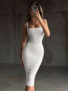 Women's Sexy White Spaghetti Strap Midi Bodycon Knit Dress, Elegant For Cocktail Party, Formal Occasion Summer - White - View 1