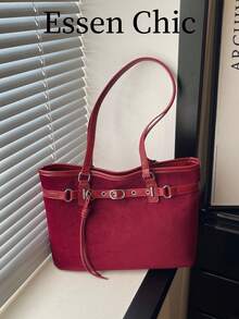 1pc Red Large Capacity Faux Suede Tote Bag Women's Shoulder Bag - Red - View 2