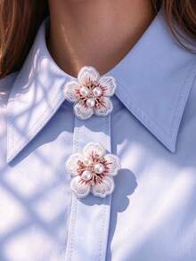 1件/2件裝 優雅布藝刺繡花朵鈕扣蓋，免縫襯衫鈕扣裝飾蓋，時尚水晶袖扣蓋 - 白色 - 查看 1