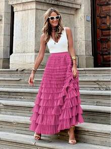 New Arrival French Style Long Skirt For Women, Elegant Solid Color High Waist Mesh Tulle Puff Skirt, Autumn Spring - Hot Pink - View 4