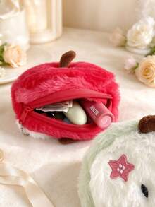 1pc Apple Embroidered Flower Decor Soft Plush Fabric Multi-Storage Cute Cartoon Coin Purse Suitable For Daily Travel And Holidays - Multicolor - View 6