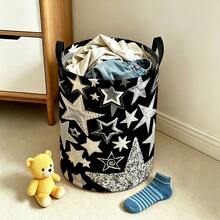 Black Storage Bin With Silver Star Pattern, Foldable Laundry Basket With Handle, Suitable For Teen Boys' Bedroom Toy And Dirty Clothes Storage - Black - View 4