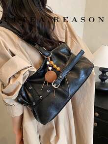 1pc Solid Color PU Leather New Women's Backpack, Shoulder Bag, Tote Bag, Fashion Square Handbag, Zipper Closure, Double Handles, Suitable For Commuting, Shopping, Dating - Black - View 3