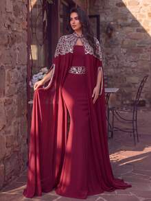 Elegant 2 Pieces Shawl And Dress Set, Rhinestone Embellished Neckline, Fitted Mermaid Silhouette, Suitable For Formal Evening Events, Photography, Red Carpet Occasions - Burgundy - View 4