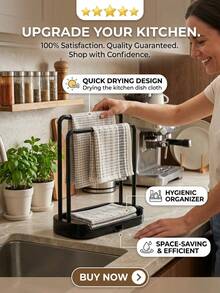 2pcs Kitchen Sink Organizer Rack With Dish Cloth Hanging Bar And Water Tray, Black Sponge Holder For Countertop, Dish Cloth Drying Rack For Kitchen Organization, Plastic Dish Cloth Drying Rack With Drainage Tray, Double Layer Kitchen Sink Organizer And Sponge Rack, Countertop Storage Rack For Dish Cloth And Small Kitchen Storage, Also Suitable For Storage, Outdoor Garden Decoration, Fan Decoration, Room Decoration - Multicolor - View 7
