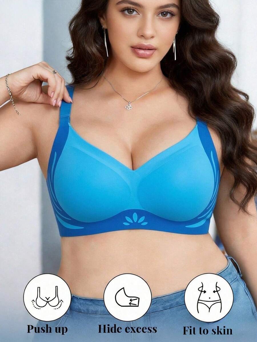 1pc Seamless Contrast Color Lift-Up Plus Size Wireless Push-Up Anti-Sagging Side-Boob Support Bra - Blue - View 1