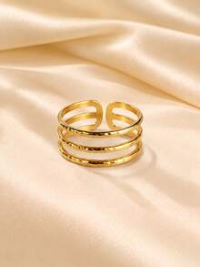Gold 3-Layer Linear Open Ring For Women, Minimalist High-End Geometric Hollow Stackable Design, Fashion Versatile Luxury Personalized Ring, Suitable For Daily Commute, Date, Party, Gift Jewelry - Gold - View 1