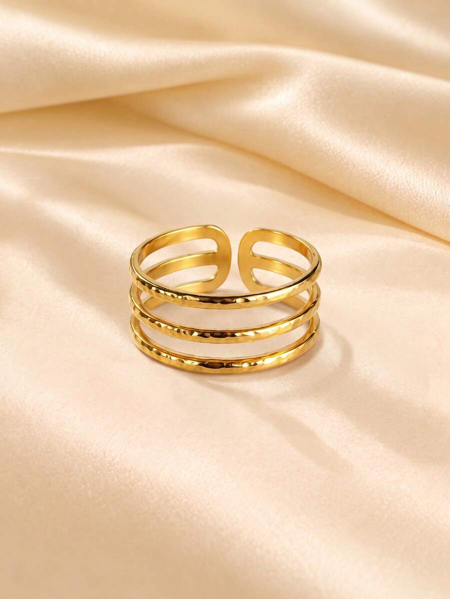 Gold 3-Layer Linear Open Ring For Women, Minimalist High-End Geometric Hollow Stackable Design, Fashion Versatile Luxury Personalized Ring, Suitable For Daily Commute, Date, Party, Gift Jewelry - Gold - View 1