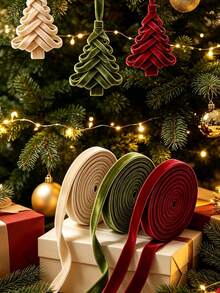 3 Rolls Velvet Ribbon, 1cm Wide, Total Length 500cm, Premium Christmas Ribbon, Suitable For Christmas Tree Decoration, Gift Wrapping, Wreath Embellishment - Multicolor - View 5