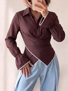 Women's Brown Striped Criss-Cross Design Long Sleeve Shirt - Brown - View 6