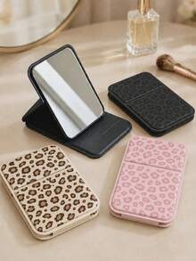 1Pc Leopard Print Portable Makeup Mirror, Foldable Rectangular Desktop Mirror, PU Leather Minimalist Handheld Folding Cosmetic Mirror, For Student Dormitory & Tabletop Use, Can Be Handheld Or Stand Placed,Ideal Christmas And New Year Gifts. - Multicolor - View 3