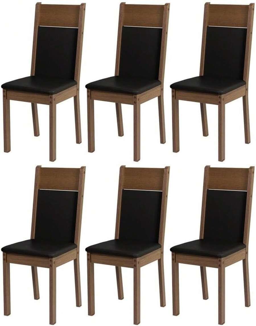 Kit de 6 Sillas de Comedor Tapizadas, Sillas para Mesa de Comedor Diseño Clásico en Madera Color Marrón con Asiento y Respaldo Acolchados Negro para Sala de Comedor - Negro - Ver 1