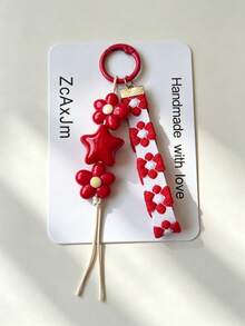 Red Five-Pointed Star Flower Keychain, Cute Style Bag Charm, Girly Bag Accessory, Ribbon Pendant - Multicolor - View 7