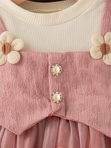 Baby Girls' Floral Bow Decor Long Sleeve Princess Dress, Knit Patchwork 2 In 1 Sweet Party Dress For Spring/Autumn - Pink - View 4