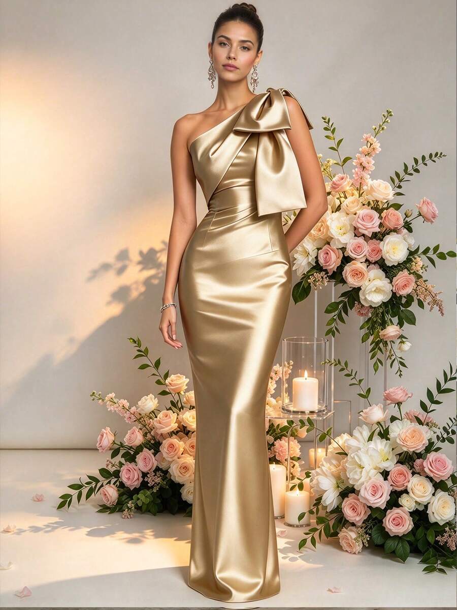 HOMEYEE Women's Navy Blue Fitted Maxi Dress, Elegant Solid Color Party Cocktail Formal Gown With Bow Tie Detail Wedding Spring