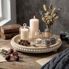 1pc 12-Inch Round Decorative Tray, White Wooden Bead Tray, Suitable For Living Room, Coffee Table, Dining Table Or Farmhouse Style Serving Tray, Ideal For Birthday Gift, Kitchen Accessory, Fruit Tray, Graduation Decoration - Wood Grain Color - View 2