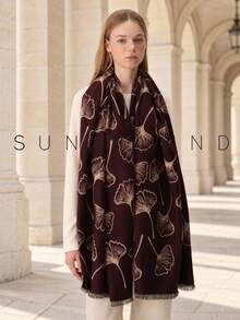 1pc Women's Ginkgo Leaf Pattern Casual Commute Daily Versatile Polyester Scarf, Suitable For All Seasons - Burgundy - View 4