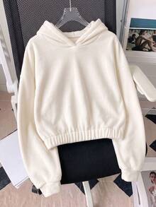 Women's White Polyester Short Long Sleeve Hooded Sweatshirt, Casual Short Daily Top, Slightly Elastic Fabric - Apricot - View 6