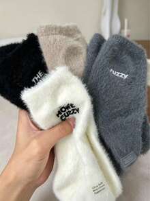 5 Pairs Women's Fuzzy Bear Pattern Mid-Calf Socks, Soft Mink Cashmere Foot Socks, Warm Fluffy Home Daily Winter Socks - Multicolor - View 2