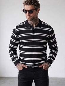 Men's Autumn/Winter 12-Gauge Striped Regular Shoulder Polo Collar Long Sleeve Sweater - Black - View 2