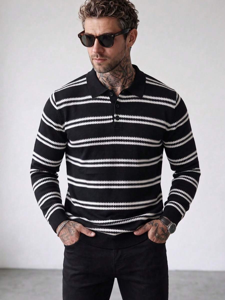 Men's Autumn/Winter 12-Gauge Striped Regular Shoulder Polo Collar Long Sleeve Sweater