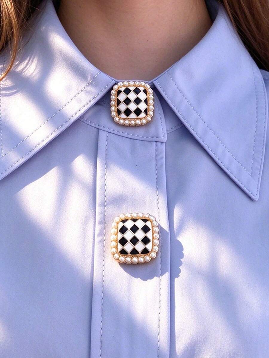 1pc/2pcs Elegant Enamel Black & White Plaid Button Covers, No-Sew Shirt Button Covers, Decorative Buttons, Fashion Crystal Cufflink Covers - Black and White Square - View 1
