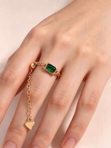 1pc Fashionable Niche Design Elegant Creative Square Green Crystal Adjustable Ring, Chic Daily Wear - Green - View 4