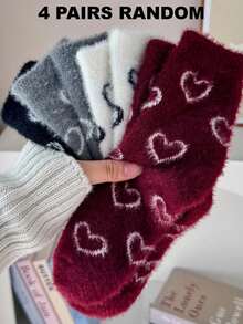 4/2 Pairs Ankara Red Heart Pattern Fluffy Mid-Calf Socks, Non-Slip Soft Warm, Suitable For Autumn/Winter - Multicolor - View 7
