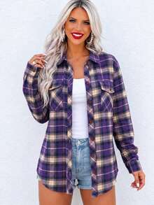 Áo sơ mi flannel tay dài kẻ caro phối màu tương phản có túi, phong cách thường ngày mùa thu - Màu tím - Xem 1