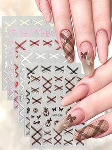 6/2PCS Cute Plaid Nail Art Stickers – Self-Adhesive 3D Designs Featuring Crisscross Patterns And Bows; Perfect For Winter Holiday Nail Decor And DIY Salon-Style Manicures. - Multicolor - View 1