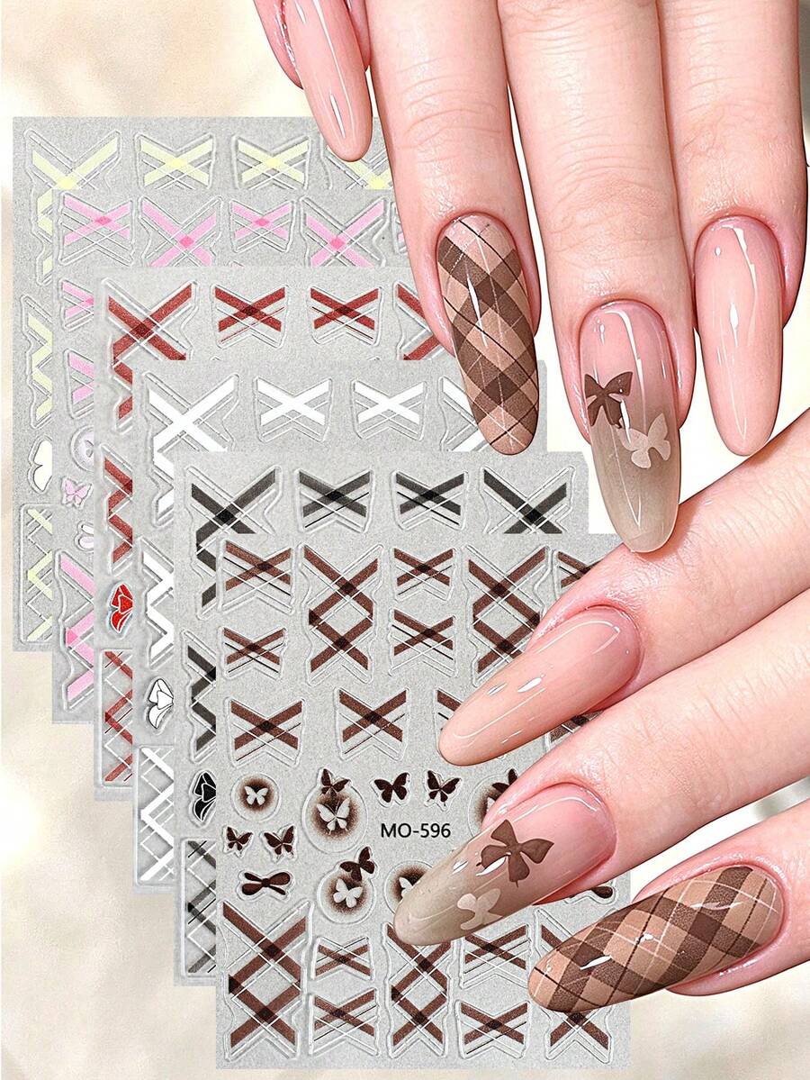 6/2PCS Cute Plaid Nail Art Stickers – Self-Adhesive 3D Designs Featuring Crisscross Patterns And Bows; Perfect For Winter Holiday Nail Decor And DIY Salon-Style Manicures. - Multicolor - View 1
