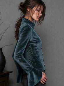 Women's Autumn Velvet Striped Slim Fit Blazer, V-Neck Lace Trim Long Sleeve Jacket With Gold Buttons - Teal Blue - View 4