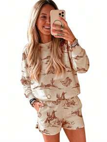 Acelitt Spring/Autumn Vintage Western Cowboy Print Loose Crew Neck Sweatshirt & Shorts 2 Pieces Set, Suitable For Daily Wear And Vacation - Beige - View 3