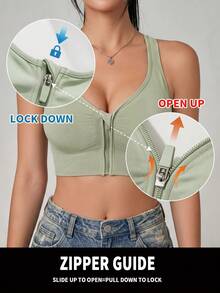 Women's High Intensity Front Zip Seamless Wireless Sports Bra, Suitable For Summer, Winter, Autumn And Spring - Mint Green - View 4