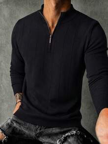 Sweater Polo Pria Musim Gugur/Dingin Serbaguna Bergaris Potongan Slim Fit Bahu Reguler Kerah Resleting Lengan Panjang - Hitam - View 6