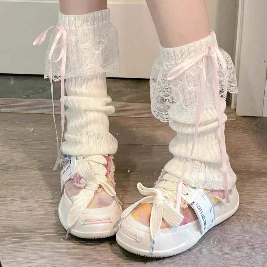 New Women's Autumn/Winter Ribbon Lolita Style Black Knee-High Socks, Long Socks, JK Knit White Leg Warmers For Girls - Multicolor - View 1