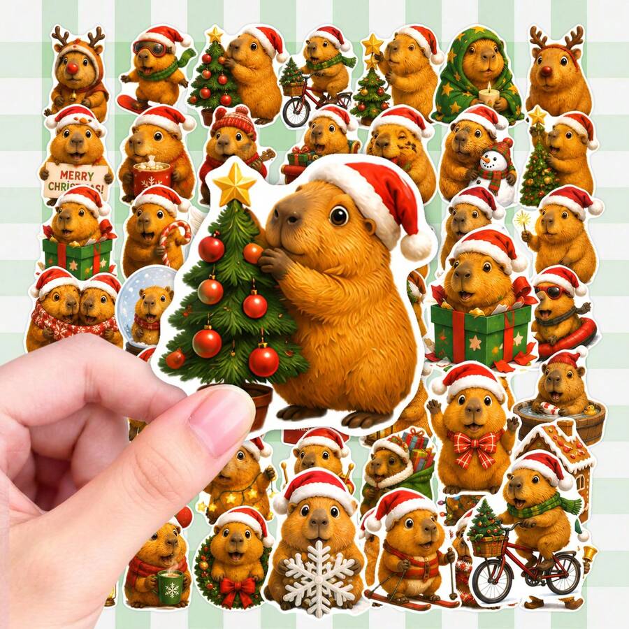 50Pcs Christmas Holiday Capybara Stickers, Cute Xmas Capybara Character Decals, Waterproof Decor Stickers For Crafts, Journaling, Phone Case - Multicolor - View 1